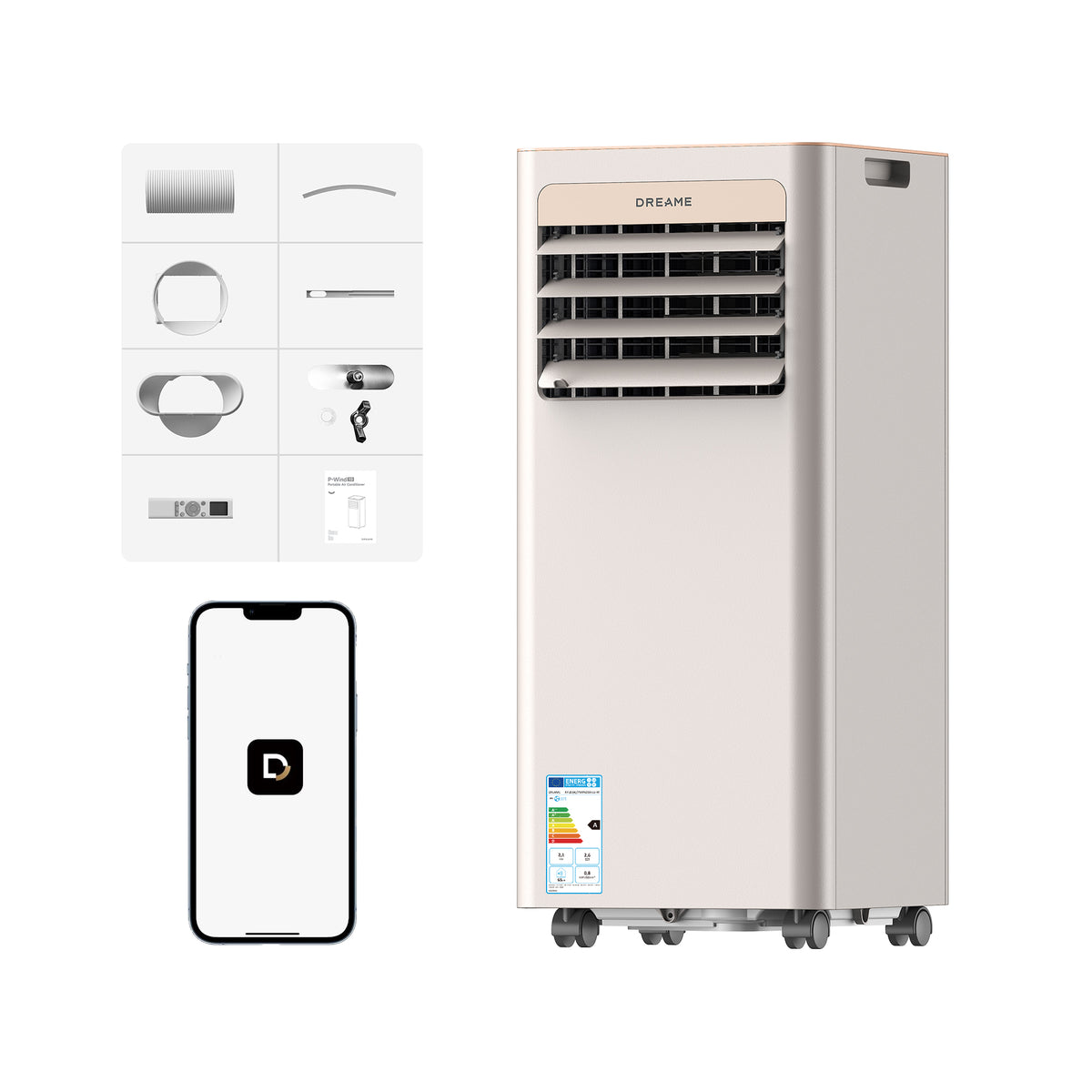 DREAME P-Wind10 7000 BTU Tragbare Klimaanlage, 3-in-1: Kühler & Entfeuchter & Ventilator. 3D Airflow, App- & Fernsteuerung, Schlafmodus, Selbstverdunstung, einfache Einrichtung [Energieklasse A]